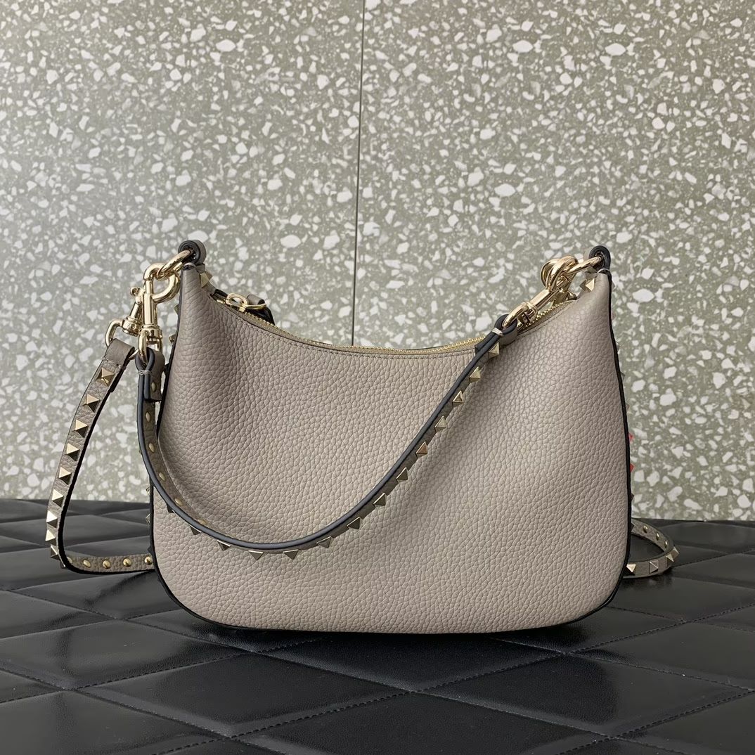 Valentino Garavani Rockstud Small Hobo Bag in Grey Grainy Calfskin